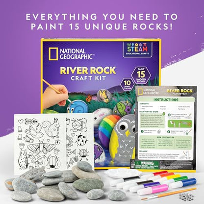 National Geographic Rock Painting Arts and Crafts Activity Kit for Kids | 15 River Rocks, 10 Paint Colors, Brushes and Art Supplies, Outdoor Craft Activity, Creative Play, Birthday Gift - style: Animal Fun