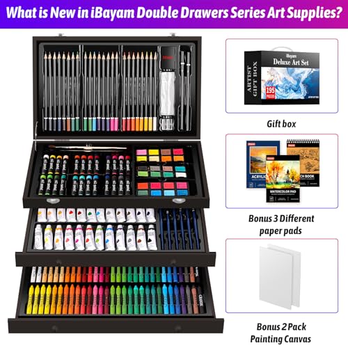 iBayam Art Set,195-Pack Arts and Crafts for Kids Ages 8-12, Deluxe Gift Box | Painting Kit Art Supplies for Adults Teens Kids, Art Kits with 24 Acrylic Paint, Sketchbook, Canvases, Crayons, Pencils - color: Black