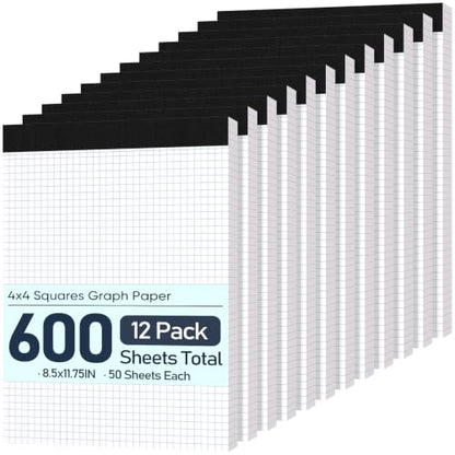 12 Pack Graph Paper 8.5 X 11, 4x4 Quad Grid Paper, 50 Sheets/Pad | Graph Paper Notebook, 4x4 Grid Ruled Paper with Blue Lines, , Drafting Paper, Quad Ruled Paper for Math, Notes & Design - color: White-Squared- 12 Pack(50 Sheets)