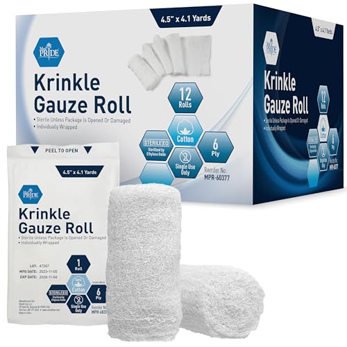 MED PRIDE Sterile Krinkle Gauze Roll,6-Ply Cotton,4.5 in x 4.1 yd,12-Pack