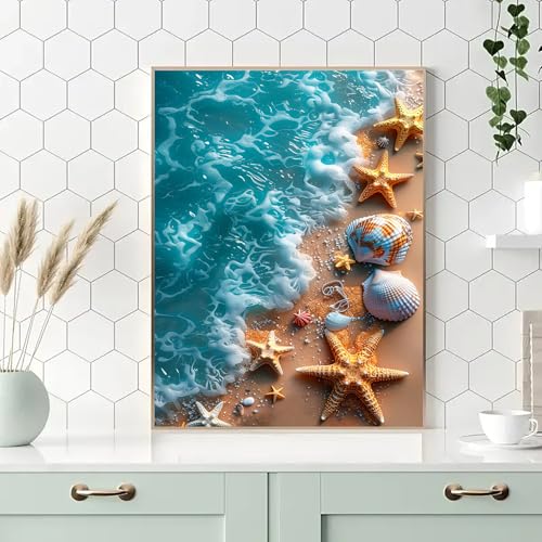 KINPLUB Beach Diamond Painting Kits for Adults, 5D Seashell Starfish Diamond Art Kits for Beginners, DIY Full Round Drill Paint by Diamonds, Home Wall Decor 12 x 16 Inch - color: Starfish Beach