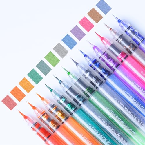 ROSYMENG 12 Colors Glitter Paint Pens, Extra Fine 0.05mm Metallic Brush Pen | Water‑Based, Smooth Ink Flow, Great for Adults DIY Crafts, Greeting Cards, Journaling, Drawing, Scrapbooks -Style A - color: 12 Colors (Style A)