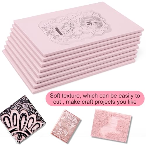 8 Pack Pale Pink Linoleum Blocks for Printmaking, 8 x 6 Inch | Soft Rubber, Easy To Carve, Works With Transfer Methods for Stamps, Cards, Prints, Beginners Or Pros - size: 8"x6"