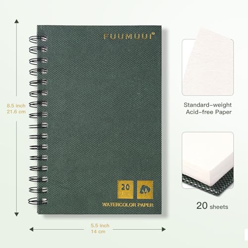 Fuumuui Watercolor Sketchbook, 100% Cotton Paper for Painting, Drawing, Art Journaling, Professional Artist Quality, Spiral Bound 5.5 * 8.5 inch 20 Sheets, 140lb/300g - size: 8.5*5.5in