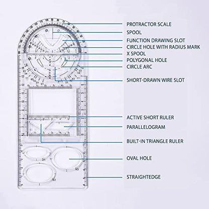1PCS Multifunctional Geometric Ruler Geometric Drawing Template Measuring Tool Plastic Draft Rulers Students for School Office Supplies