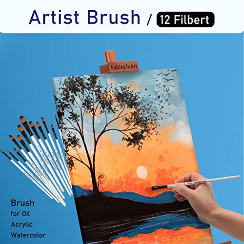 Falling in Art 12 PCS Professional Filbert Paint Brushes Set | Artist Brushes for Watercolor, Oil Painting, Acrylic, Face Body Nail Art, Crafts, Rock Painting - size: 12 Pcs Filbert Nylon