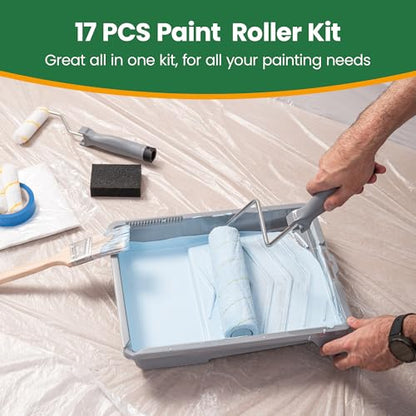 VOOMEY 17 Piece Paint Roller Kit, 9" & 4" Rollers with Tray & Brushes - style: 17pcs paint roller kit