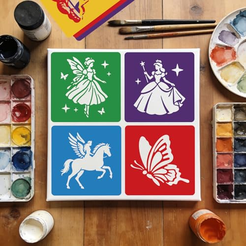 CUTHOLLOW Animals Fruit Plant Stencils, 24PCS 8-Inch Reusable Plastic | 24PCS 8-Inch Animals, Fruit & Plant Shapes, Reusable Washable Plastic, Painting, Crafts, Wall Art & Sidewalk Chalk - style: Fairies and Castles