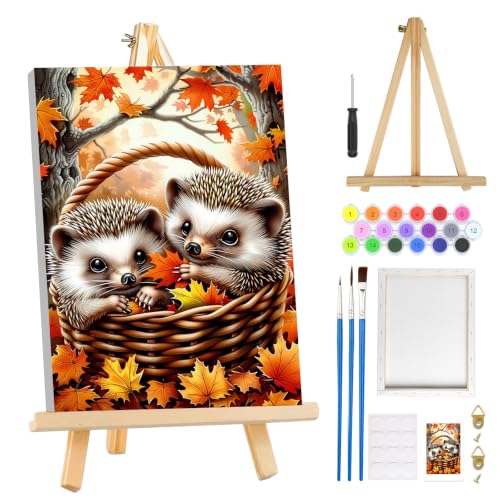MOGTAA Fall Paint by Numbers Kit for Adults Beginners with Frame, Hedgehog Adult Paint by Number Kits on Canvas with Easel, Easy DIY Autumn Landscape Oil Painting Kits for Home Decor, 8x12in - color: Hedgehog