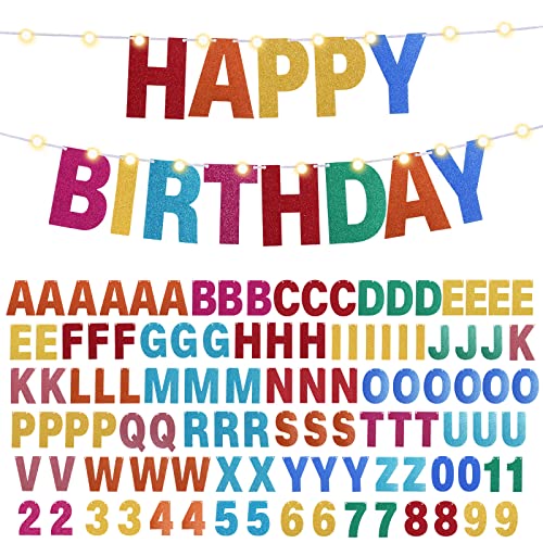 TaoBary 112 Pcs DIY Banner Letters Kit with Numbers,Rainbow | 107 Glitter Letters Numbers with Rope and Needle, Reusable for Birthday, Halloween, Christmas, Wedding, Valentine Decor - color: Rainbow