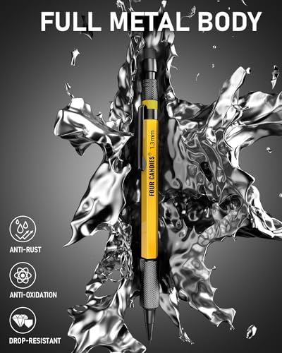 Four Candies 1.3mm Mechanical Pencil Set with 24 Lead Refills, Metal Weatherproof Heavy Duty Outdoor Carpenter Pencil, Eraser, 6 Eraser Refills for Architect Drafting Woodworking Marking with Case - size: 1-Pack, style: Yellow