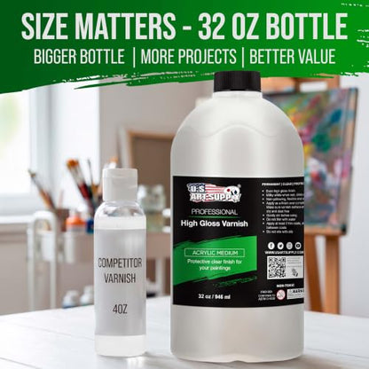 U.S. Art Supply 32 oz High Gloss Varnish for Acrylic Paintings - Clear Protective Finish with UV Protection - size: 32-ounces
