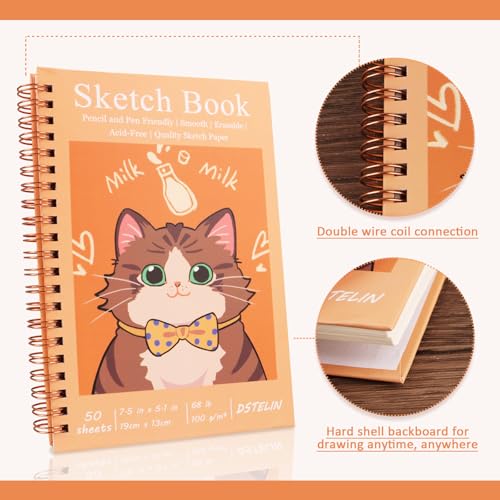 DSTELIN 2 Pack Spiral Bound Sketchbooks (100 GSM Sketch Paper), 50 Sheets per Pack, 7.5" x 5.1" Sketchbook with Yellow Hard Cover for Painting, Drawing and Sketching