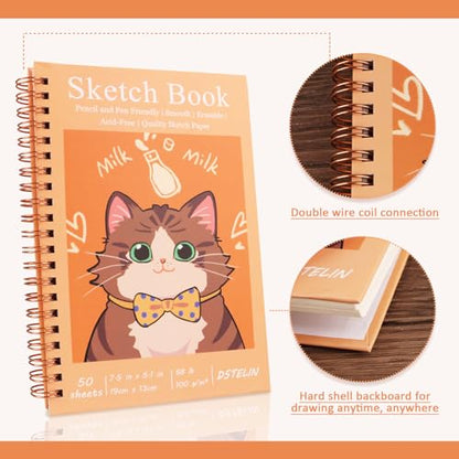 DSTELIN 2 Pack Spiral Bound Sketchbooks (100 GSM Sketch Paper), 50 Sheets per Pack, 7.5" x 5.1" Sketchbook with Yellow Hard Cover for Painting, Drawing and Sketching
