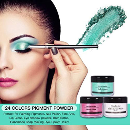 SEISSO Mica Powder - 24 Colors, 0.35 oz(10g) Bottles - Mica Glitter & Pigment for Epoxy Resin, Lip Gloss, Soap, Candle, Bath Bomb, Art Crafts, Nails, Slime - color: 24 Colors