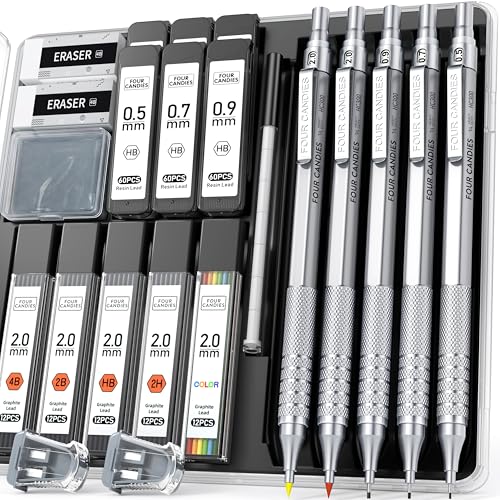 Four Candies Metal Mechanical Pencil Set, 3PCS Art Drafting Pencils 0.5, 0.7, 0.9MM & 2PCS 2MM Mechanical Drawing Pencils with 420PCS Leads (4B 2B HB 2H Color) for Writing Sketching Drawing (Silver) - color: Silver, size: 0.5, 0.7, 0.9, 2.0MM