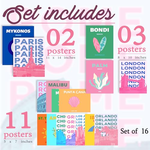 Aroutde Preppy Room Decor Preppy Travel Prints Coquette room decor Preppy Beachy Stuff Travel Picture Wall Art Coquette Decor for Teen Girls College Dorm Bedroom Set of 16 (Unframed) - color: Preppy Pink