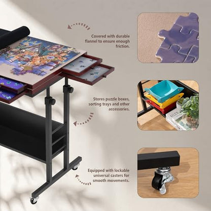 Tektalk 2000 Piece Foldable Puzzle Board with Height Adjustment, Jigsaw Puzzle Table with 2 Felt Cover & 8 Sorting Trays/Drawers, Puzzle Easel with Legs, Enclosed with 4 Roller Wheels - Black - color: Black