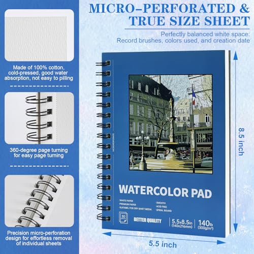 3 Pack 90 Sheet Watercolor Paper Pad 5.5“ x 8.5”, 140lb/300 GSM Cotton Cold Press Spiral Bound Pad Watercolor Sketchbook for Adults, Mixed Media,Markers, Art Painting, Journal - color: Buliding