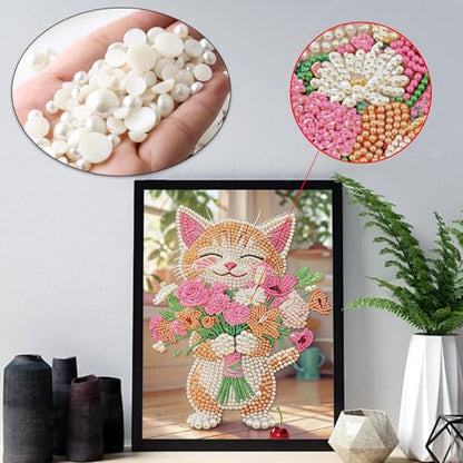 Stalente Pearl Diamond Painting Kits for Adults Cat and Flower, 5D Special Shape Diamond Art Kits for Beginners, Crystal Rhinestones Diamond Painting for Home Wall Decoration Gift 12×16inch, Animal