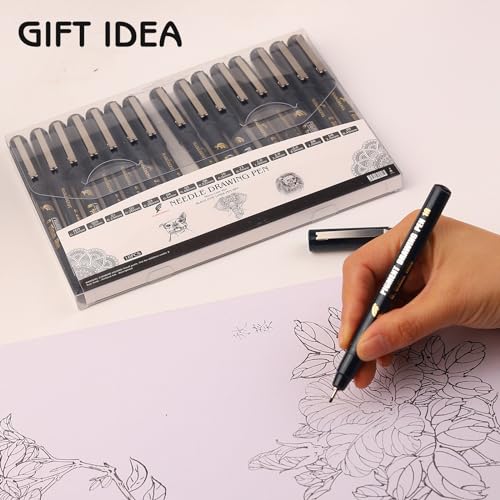 16 Pack Micro Fineliner Drawing Pens - Waterproof Black Ink, Assorted Tip Sizes for Sketching, Manga, Anime, Comic, Art Writing, Journaling & Architectural Design