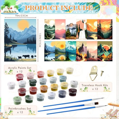 Humyoun 12 Pack 9 x 12 Inch Paint by Numbers Kit for Adults Beginners DIY Acrylic Oil Painting Paint by Number Kits Drawing Paintwork on Canvas Without Frame for Home Decor(Mountain Style) - style: Mountain Style
