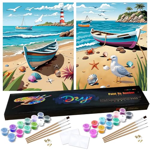 Pangoo Art 2 Pack Paint By Numbers Kit for Adults Beginner, Beach Landscape Paint By Number On Canvas, DIY Acrylic Watercolor Oil Adult Paint By Number for Home Decor 12x16 Inch - color: boat