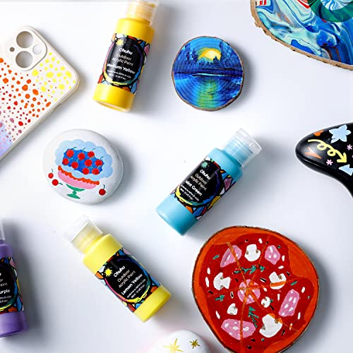 Ohuhu 24 Colors Outdoor Acrylic Paint Set, 2 oz./60ml Bottles for Artist | Beginners 18 Basic& 6 Metallic Acrylic Paints with 6 Brushes for Drawing, Waterproof Rich Pigments on Garden Statues, Woods