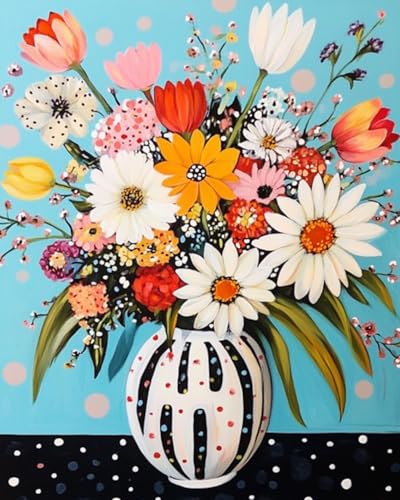 Abstract Flowers in Vase Oil Painting Paint by Number Kits 16 x 20 inch Canvas Colorful Flowers DIY Oil Painting for Kids Students Adults Beginner with Brushes and Acrylic Pigment (without Frame) - color: Red Flower in Vase 03, size: 16''x20''(Frameless)