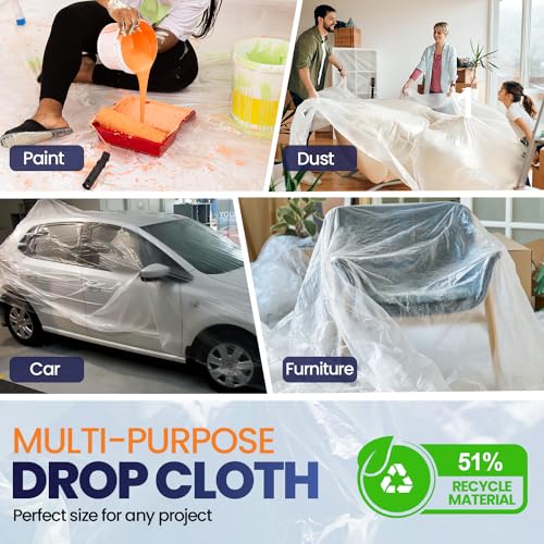 6 Pack 12 x 9 ft Extra Large Plastic Drop Cloth for Painting | Light & Durable Tarp Cover for Furniture Plastic Clear Tarp Waterproof - Paint Floor Covering - Painters Drop Cloth Sheeting - size: 6 Pack