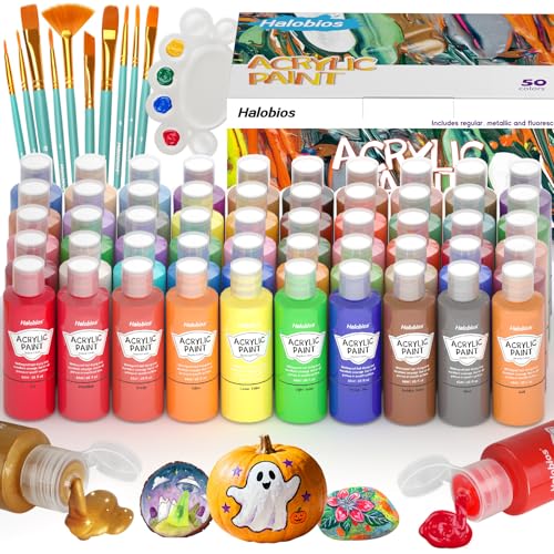 Halobios Acrylic Paint Set 50 Colors(2 fl oz/60 ml), Premium Acrylic Paints for Kids & Adults, With Fluorescent Colors & Metallic Colors for Painting, Drawing & Art Supplies, DIY Arts and Crafts - size: 2 Fl Oz (Pack of 50)