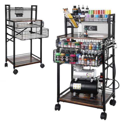 5 Tier Metal Airbrush Storage Cart for Air Compressor,Paint Supplies | 360° Lockable Wheels, 2 Drawers, Airbrush & Brush Holders Keep Compressors, Paints, & Tools Organized In One Workspace Cart