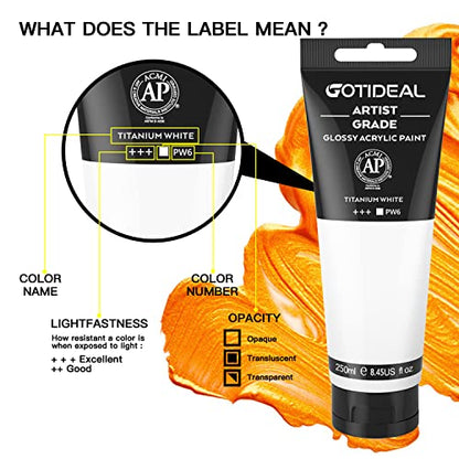 GOTIDEAL Acrylic Paint Titanium White Tubes(250ml, 8.79 oz) | Non Toxic, Non Fading, Rich Pigments,for Painters, Adults & Kids,Ideal for Canvas Wood Clay Fabric Ceramic Craft Supplies - color: Titanium White, style: 8.79 oz