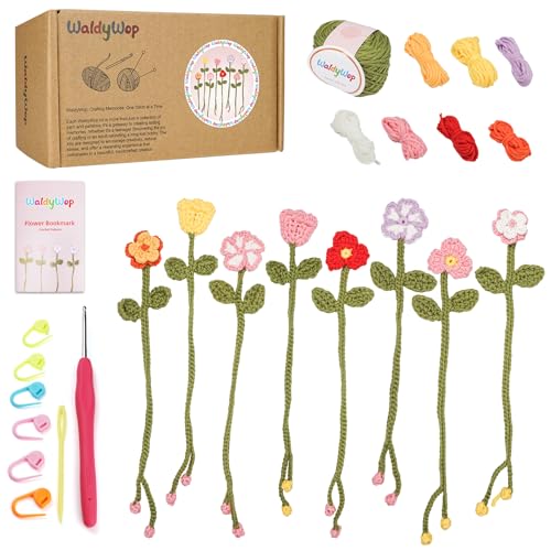 WaldyWop Crochet Kit for Beginners: 8 Flower Bookmarks Knitting Kit w/Video - color: Flower Bookmarks