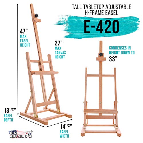 U.S. Art Supply Medium Wooden H-Frame Studio Tabletop Easel - Adjustable Stand, Holds Up to 27" Canvas, Portable Table Top Easel for Painting