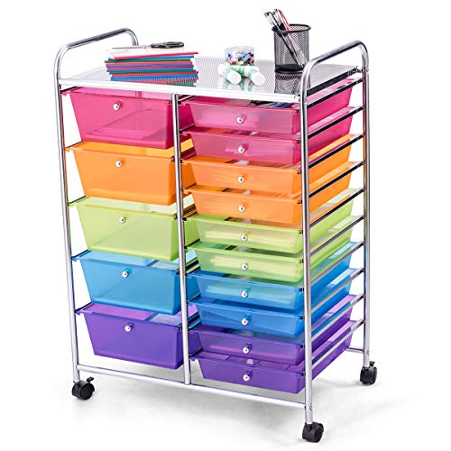 GOFLAME 15-Drawer Rolling Storage Cart, Craft Storage Cart with Removable Drawers & Lockable Wheels, Art Cart Supply Storage Organizer for Home Office Classroom, Rainbow - color: Rainbow, size: 15 drawer-25"x14.5"x34.5"