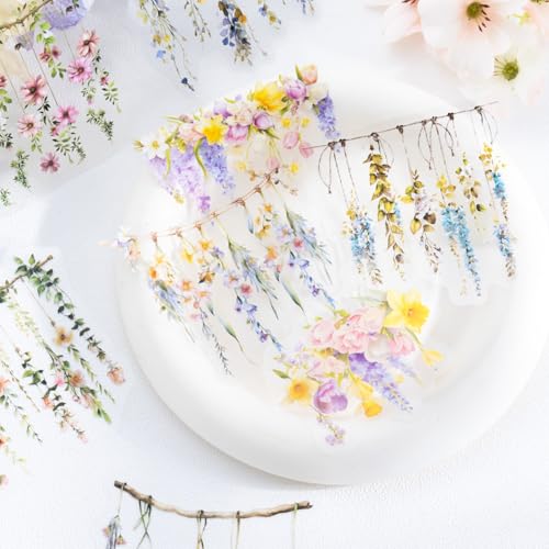 60 Pcs Floral PET Stickers for Scrapbook Journaling | Hanging Flowers and Botanical Vines for Junk Journals and Collage Crafts - color: Bloom Time