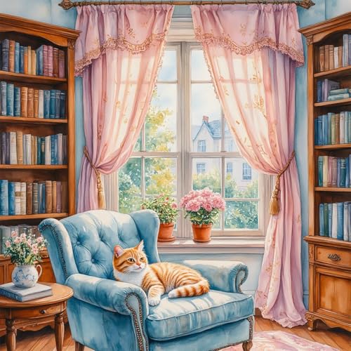 Accompany Wind Book Diamond Art Kits for Adults, 5D Cat Diamond Painting Kits for Beginners,DIY Round Full Drill Diamonds Gem Art Crafts for Home Wall Decor Gifts 14x14 Inch - color: Couch cat