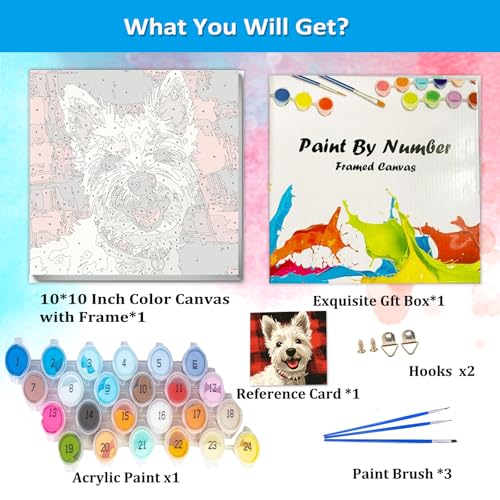 Artunion Framed Paint by Numbers Kit for Adults Beginners & Kids Ages 8-12,West Highland White Terrier Paint by Number with Frame,Dog Animal Paint by Numbers Kit on Canvas 10 * 10 Inch Without Easel - color: ZXT-381-F