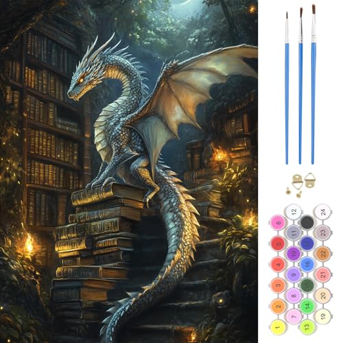 NAIMOER Dragon Paint by Numbers Kits for Adults Beginner, Color by Numbers on Canvas Painting Craft Kits for Adults Without Frame, Easy Paint DIY Acrylic for Home Wall Decor 12 X16 Inch - color: Dragon