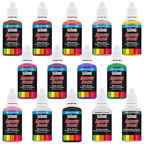 U.S. Art Supply Airbrush Paint Set - 12 Color Ready to Spray Air brush Paint, 1-Ounce Water-Based Acrylic Primary Opaque with Reducer & Cleaner for Painting Metal, Plastic Models, Canvas, Wood - color: 12-Color Primary Set