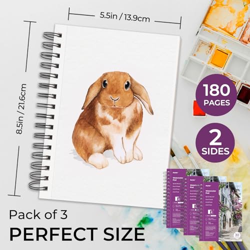 Funto Watercolor Pad 5.5x8.5, 3 Pack, 90 Sheets,140lb/300gsm, Double-Sided, Cold Press, Spiral Bound, Heavyweight Paper for Watercolor Painting - color: 5.5x8.5-Purple-3 Pack