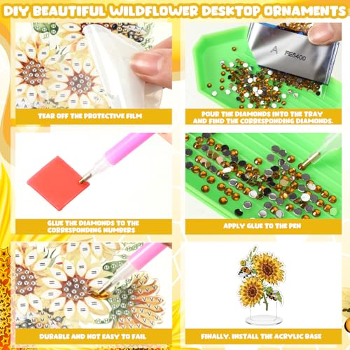 Kosiz 9 Pcs Sunflower Diamond Painting Tabletop Decoration, Double-sided Acrylic Sunflower Diamond Art Kit for Adult, DIY 5d Rhinestone Yellow Flower Centerpiece for Table Home Desk Decor Spring Gifts - style: Sunflower