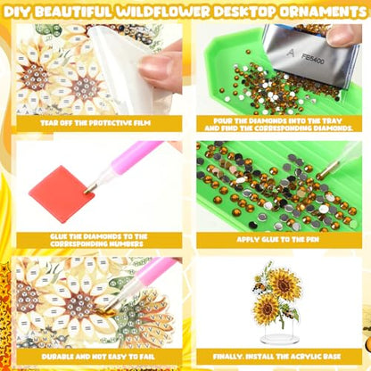 Kosiz 9 Pcs Sunflower Diamond Painting Tabletop Decoration, Double-sided Acrylic Sunflower Diamond Art Kit for Adult, DIY 5d Rhinestone Yellow Flower Centerpiece for Table Home Desk Decor Spring Gifts - style: Sunflower