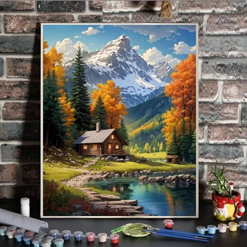 ldazao Mountain Paint By Numbers Kit for Adults Beginner with Frame Wooden Easel Cabin Adult Paint By Number Kits On Canvas for Gift Home Wall Decor 16x20 Inch - color: FSZ0027