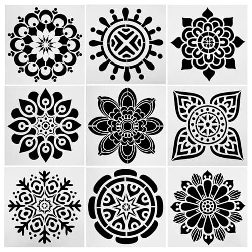 9 PCS Mandala Painting Reusable Stencils Set (6 x 6 inch) Laser Cut Drawing Template for DIY Stones Floor Wall Fabric Wood Art&Craft Supplies - color: 9 PCS