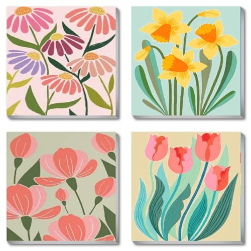 eniref 4 Pack Paint by Number for Adults Framed, Easy Flowers DIY Arts and Crafts for Adults Beginner with Wooden Frame Paint Brushes Acrylic Paint Set for Home Decor 8X8 Inch