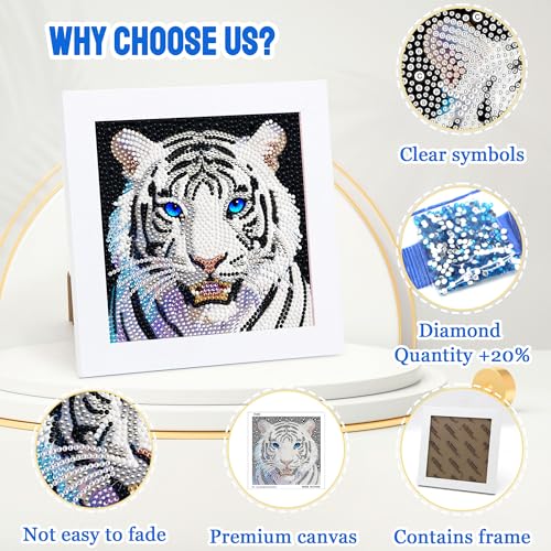 Leixonl Diamond Art Kits for Kids with Framed (7 in) Cartoon Animals DIY Gem Art Painting - Arts & Crafts Gifts for Beginners & Teens (1p-6in Tiger -W) - color: Tiger -W