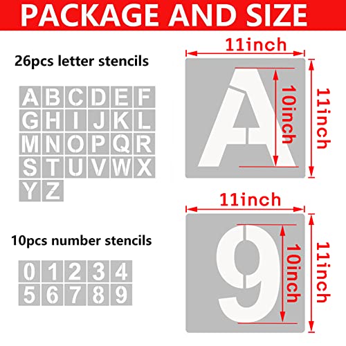 YEAJON 11 Inch Letter Stencils and Numbers, 36 Pcs Alphabet Art Craft Stencils, Reusable Plastic Templates for Wood, Wall, Fabric, Rock, Signage, DIY Art Projects (11 Inch) - size: 11 Inch