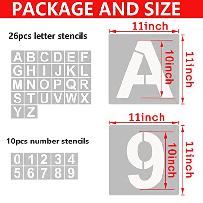 YEAJON 11 Inch Letter Stencils and Numbers, 36 Pcs Alphabet Art Craft Stencils, Reusable Plastic Templates for Wood, Wall, Fabric, Rock, Signage, DIY Art Projects (11 Inch) - size: 11 Inch